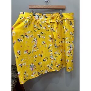 Ophelia Roe NWT 3X bright yellow linen look floral skirt w/faux belt and side po
